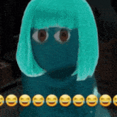 a girl with blue hair is surrounded by a row of laughing emojis .