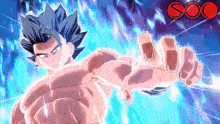 a cartoon character is standing in front of a blue background and reaching out his hand .