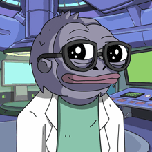 a cartoon character wearing glasses and a white coat