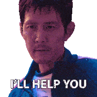 a man in a blue jacket has the words i 'll help you written on his face