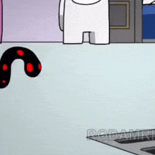 a cartoon character is standing on a table next to a snake .