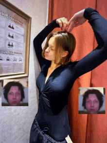 a woman is trying on a bra in front of a framed poster that says вас важно при бюстгальтере