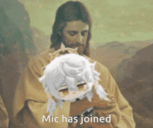 a painting of jesus holding a little girl with the words " mich has joined " on the bottom