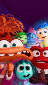 a group of cartoon characters with different facial expressions are standing together