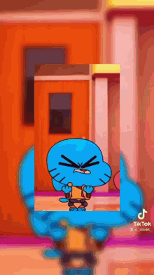 a cartoon character from the amazing world of gumball is standing in front of an orange door .