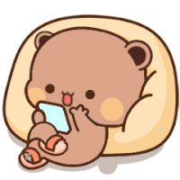 a cartoon of a teddy bear laying on a pillow looking at a cell phone .