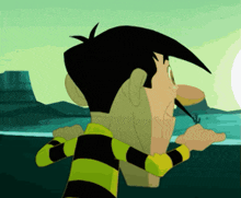 a cartoon character with a yellow and black striped shirt and black hair
