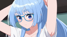 a girl with blue hair and glasses holds her hair in a bun