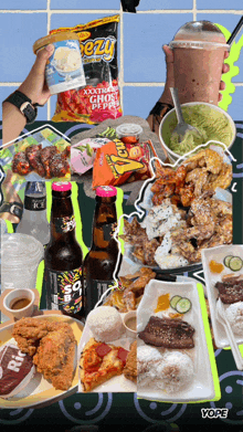 a collage of food and drinks with a bag of ghost peppers
