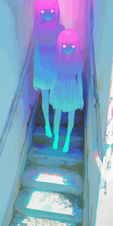 a painting of a girl with glowing eyes walking up stairs