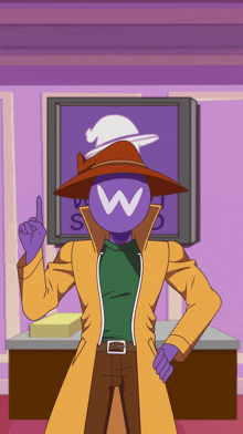 a cartoon character with a hat and a w on his head
