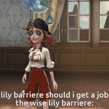 a cartoon girl is standing in a room with the words lily barriere should i get a job