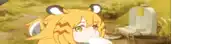 a cartoon girl with yellow hair and ears is standing in a field next to a grave .