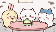 three cartoon characters sitting around a table with the word ' really ' on the bottom