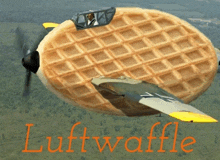a plane with a waffle on top of it and the word luftwaffle in red