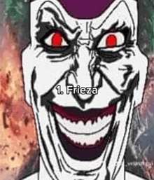 a cartoon of a clown with red eyes and a purple hat is smiling .