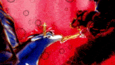 a painting of a man holding a sword in a red background
