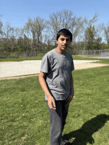 a young boy in a grey shirt stands in a field
