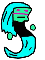 a cartoon drawing of a person with long blue hair wearing a black shirt and sunglasses .