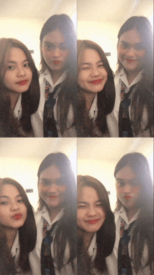 a collage of four images of two girls with one wearing a lanyard that says ' a ' on it
