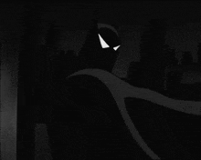 a black and white drawing of a batman with a city in the background