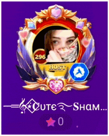 a purple background with a picture of a girl and the name cute sham on it