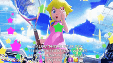 a picture of peach holding a tennis racquet with the caption " malou this is your day tennis friends