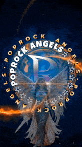 a logo for poprock angels with a woman in a white dress