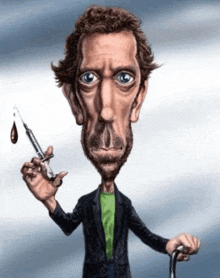 a cartoon of a man holding a syringe and a cane .