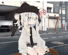 a cartoon girl is sitting on the side of the road