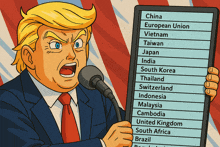 a cartoon of donald trump holding a tablet with a list of countries