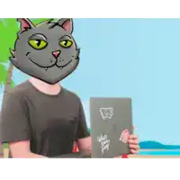 a man with a cat 's head holding a laptop with stickers on it