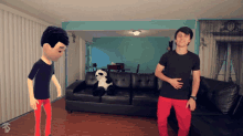two cartoon characters are standing in a living room
