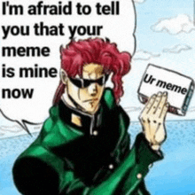 a man with red hair is holding a book that says `` i 'm afraid to tell you that your meme is mine now ''