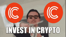 a man is holding a bunch of money with the words invest in crypto behind him