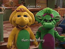 a couple of stuffed animals standing next to each other with the words damn bro thats real funny