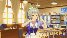 a girl with green hair is standing in an office