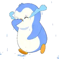 a blue and white penguin with water coming out of it 's nose