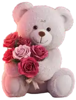a teddy bear is holding a bouquet of pink roses and has the letters elc on its head
