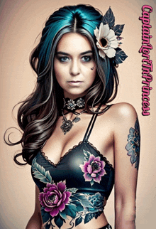 a woman with blue hair has a flower in her hair and the word captured on the bottom left
