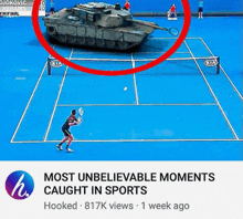 a man is playing tennis on a tennis court with a tank behind him