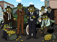 a group of cartoon frogs in suits and hats with a bank in the background