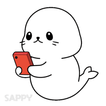 a cartoon of a seal looking at a cell phone with the word sappy below it