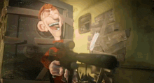 a cartoon of a man holding a gun in front of a safe