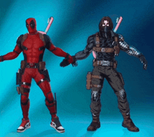 deadpool and the winter soldier stand next to each other on a blue background