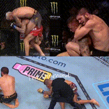 a collage of three pictures of a boxing match with a bottle of prine on the bottom right