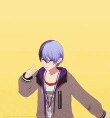 a cartoon character with blue hair and a purple jacket has a necklace around his neck