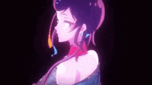 a close up of a purple anime girl with long hair and a flower in her hair .