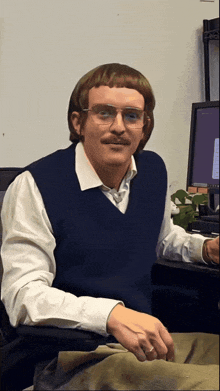 a man wearing glasses and a blue vest sits in front of a computer monitor