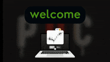 a laptop with a green welcome button on it